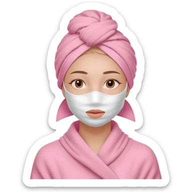 Clean girl influencer character, chest-up portrait, wearing a pink towel wrapped around the head, facial skincare mask on face, relaxed confident expression, soft glow skin, minimal chic aesthetic, subtle beauty accessories, calm self-care vibe sticker