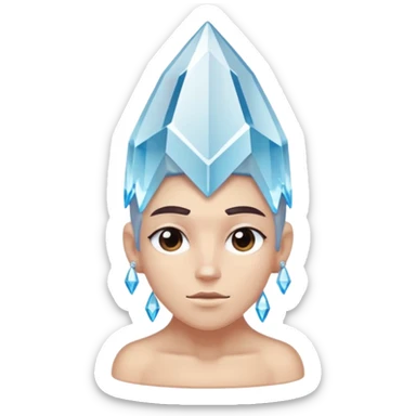 A single crystal character inspired by a clear quartz cluster, chunky base with many tall transparent crystal spikes growing upward all around it with a face sticker
