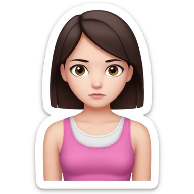 Koyu kahverengi orta boyda düz saçlı  çok koyu kahverengi gözlü pembe beyaz crop tişört kıyafetli  açık tenli kız duygusuz koyu kahverengi gözler sticker