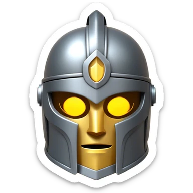 Clash of Clans aesthetic: Cinematic heroic Steel full face Helm Emoji, rendered in a 3D vector-style similar to standard emojis with minimal shading and bold, simplified shapes. A compact, isometric helmet crafted of shining steel with intricate engravings and a protective visor, softly glowing with a noble warrior charm. Simplified yet unmistakably iconic, highly detailed and consistent, glowing with a soft radiant gleam and high polish. Stylized with a touch of chivalric tradition and a soft glowing outline, capturing the essence of a stalwart battle helm with a friendly, playful manner! sticker