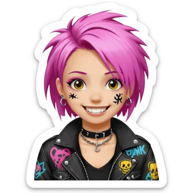 a punk girl with neck-length dyed hair and wear a punk graffiti jacket with black choker grin playfully  sticker