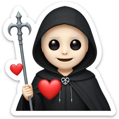 cute animated non-human grim reaper floating with a heart, emoji style sticker
