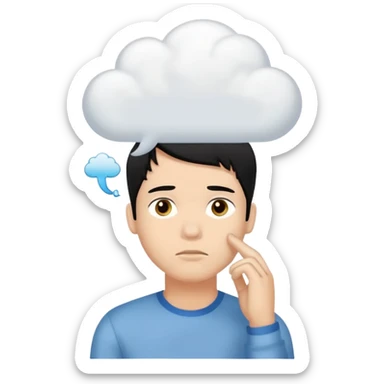 A thinking black hair male person with a white empty thought cloud sticker