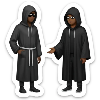 Tall black hooded figure with one eye showing, wearing a full black robe, standing indoors talking to a man in a black cap and ho sticker