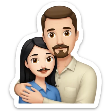 Tall white man with brown mustache and goatee hugging a short pale woman with long black hair sticker