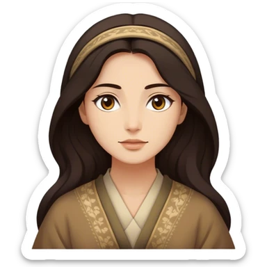 Cinematic Timeless Pocahontas Portrait Emoji, rendered in a realistic, vector style. Depict Pocahontas with warm, glowing skin, naturally flowing dark hair, and a serene, gentle expression, wearing traditional garments in muted earth tones. The design features bold, clean proportions, a soft, inviting glow, and a subtle glowing outline that captures her enduring natural beauty. sticker