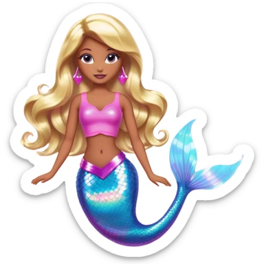 Brown skin blonde hair barbie mermaid with holographic tail and pink highlights in hair  sticker