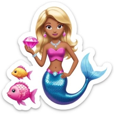Brown skin blonde hair barbie mermaid with pink diamond tail  with pufferfish sticker