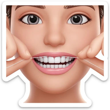Macro close-up of a woman flossing her front teeth, floss stretched between hands, bright white teeth, natural lighting, shallow depth of field, dental hygiene concept, ultra realistic, sharp focus. sticker