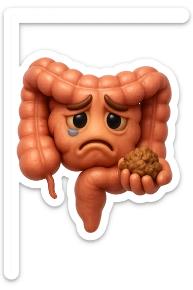 EMOJI STILE IPHONE 3D DI un intestino con espressione triste mentre tiene in mano delle fibre fermentate a poltiglia, FALLO MOLTO REALISTICO IN 3D sticker