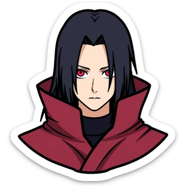 Itachi Uchiha with long black hair, Sharingan eyes, facial lines under his eyes, wearing Akatsuki cloak sticker