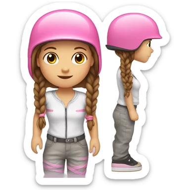 little white girl, brown hair with braids, with pink helmet skateboarding sticker