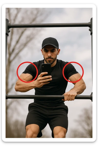 uomo che fa Muscle up e si sta filmando davanti con il telefonino per vedere la sua posizione dei gomiti e delle mani sulla sbarra, fai dei cerchi per indicara i gomiti sticker