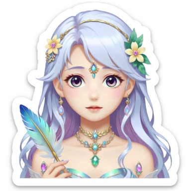 Beautiful gorgeous anime lady with beautiful iridescent-white-special-hair, fashion aesthetic, ethereal, fairycore, pastelcore, feather, flower, gems, accessories, jewelries, gold, colorful sticker