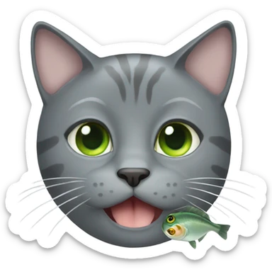 gray Cat green eyes eating fish sticker