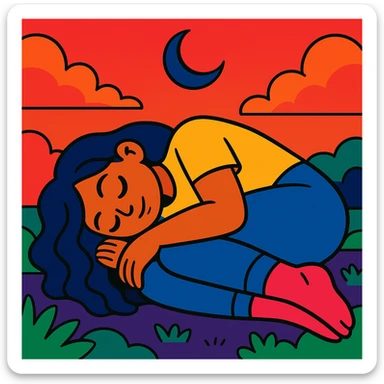 mujer descansando en posición fetal, cielo rojizo de fondo, luna nueva, estilo cartoon colorido vibrante sticker