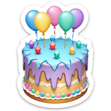 Two layer cake adorned with overflowing raw pastel jagged crystals & ballon’s sticker