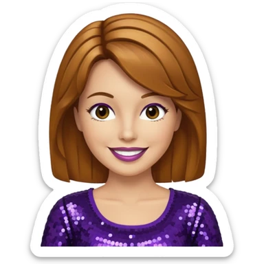 Lee Purcell with medium golden brown hair, dark purple sequin outfit sticker