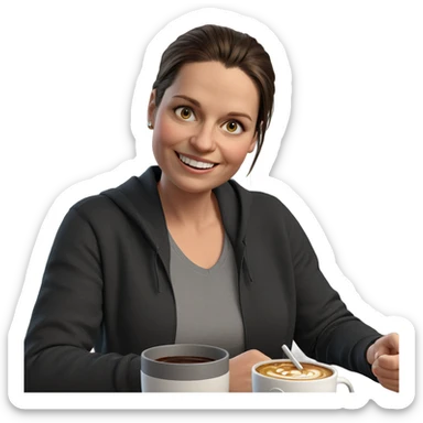 smiling girl indoors with cup sticker