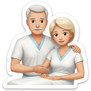 60-year-old white man dressed in white tunic giving massage to a 60-year-old white woman sticker