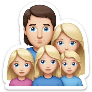 Family portrait with father with dark brown hair and blue eyes, mother with light brown hair and blue eyes, three blonde little girls with blue eyes sticker