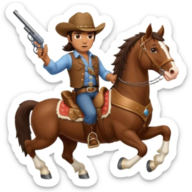 I need a very muscular brunette cowboy riding a large Clydesdale horse shooting a gun in both handles. sticker