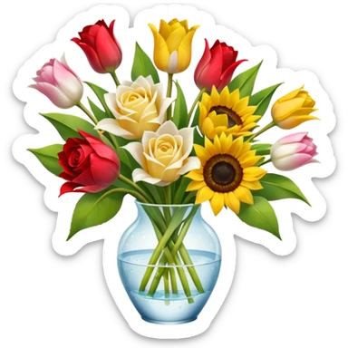 A mix bouquet of red, yellow and white roses, Sunflowers and white and pink Tulips sticker