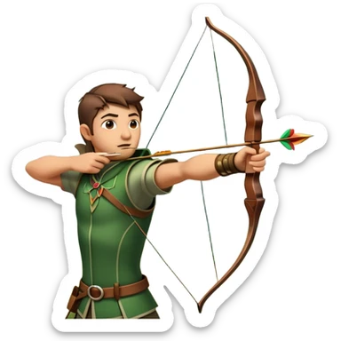 A skilled archer, resembling Robin Hood, drawing a bow and releasing an arrow towards a target. The scene captures the perfect moment of release, with the bowstring taut and the arrow flying toward the bullseye, set in a forest or archery range background. sticker