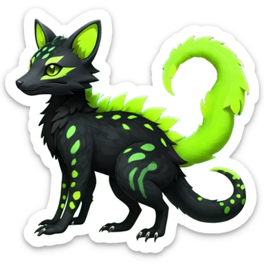 Rare realistic black edgy toxic radioactive-themed black fur with neon-lime-green-glowing  epic handsome gorgeous aesthetic vibrant Vernid-Trico-Genet-Salandit-species-hybrid-Fakemon-creature by LiLaiRa, 4 legs, 1 tail, random markings, (full body) sticker