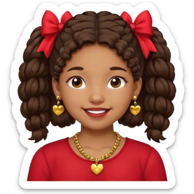 Brownskin girl dark brown hair fluffy. pigtails with red bows brown eyes smiling closed mouth red shirt gold esrrings gold necklace sticker
