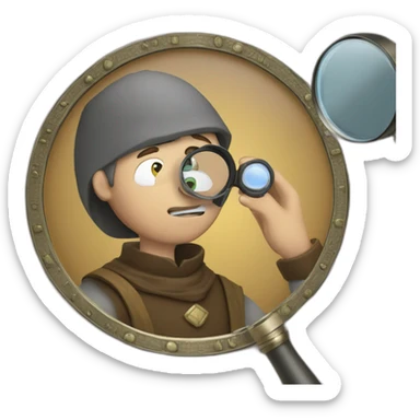 medieval coin collector, looking at a coin with a magnifying lense sticker