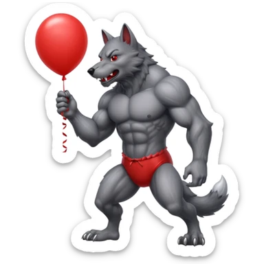 Gray werewolf inflating a giant red balloon sticker