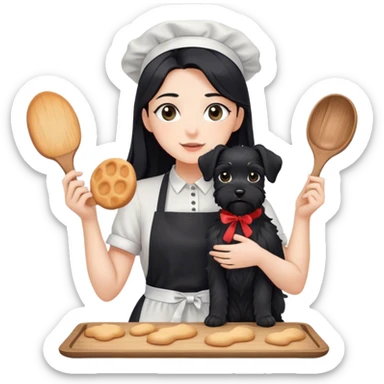 pale girl with long black hair wearing black long shirt wearing apron and baking holding black floppy ear schnauzer sticker