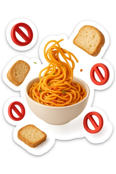 bowl di pasta e fettine di pane che fluttuano in aria con piccoli divieti 3d, sfondo bianco, iperrealistico 4k sticker