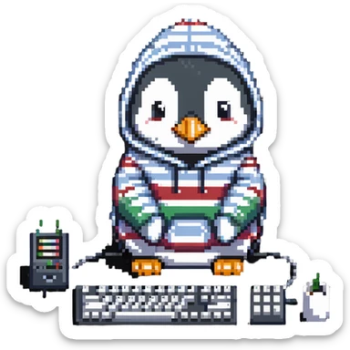 A retro-style penguin with a striped hoodie typing on an old-school computer keyboard sticker