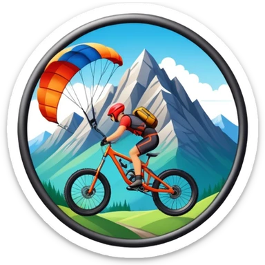 A bold, dynamic emblem combining elements of extreme sports like a mountain, a bike, and a parachute, all within a circular or shield-like shape. The design conveys speed, adventure, and adrenaline, with sharp lines and vibrant colors representing the thrill and intensity of extreme sports. sticker