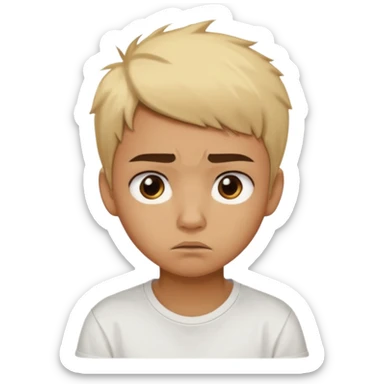 caramel skin color. Teen age. Short buzz, messy blonde hair, dark brown bushy eyebrows large expressive golden-brown eyes, brown skin color, scar over nose, wearing a plain white t-shirt. Disappointed thinking facial expression. caramel skin color sticker