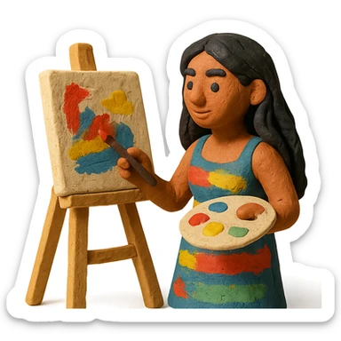 tanned woman artist with long black hair, wearing a colorful dress, painting at an easel, holding a palette and brush, claymation style sticker