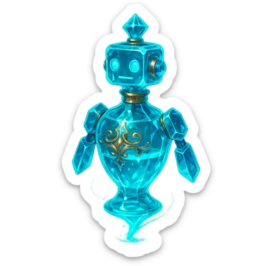 luxurious crystal elixir bottle in the shape of a robot, cyan color, lots of glowing, edges, ornaments, golden details, magical effects, very small golden collar, transparent background, beautiful merging base, clearly floating in the air, no base or shadow, premium class impression, interesting futuristic design, matching a collection of crystal, luxurious, magical bottles sticker