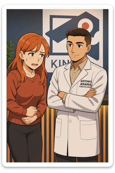 su questo stile fai un manga/webtoon a colori in cui una donna incuriosita fa una DOMANDA ALL'UOMO, l'uomo della foto in stile manga LE risponde, mantieni un ambiente simile alla foto che ho allegato con il suo logo (sarebbe il suo studio, lui è un kinesiologo), scrivigli "ANTONIO ANANIA" sul camice bianco, non mettere fumetti, ma fai in modo che sembri che la donna CHIEDA curiosa E L'UOMO le risponda sticker