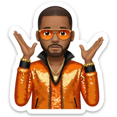 R. Kelly with dark brown hair, orange sequin outfit sticker