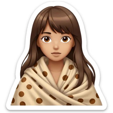 Tan Girl with long brunette hair and bangs, wrapped in blanket colored beige with large brown spots of different sizes and hues sticker