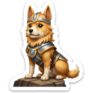 valorous Viking dog in Valhalla, detailed armor, heroic pose, glowing sky sticker