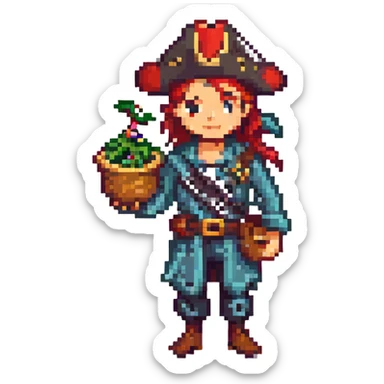 a pirate holding a treasure map, pixel art style sticker