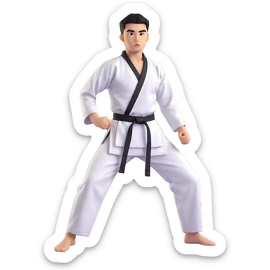 Taekwondo fighter in a ready stance, poised for action, detailed dobok uniform, black belt, intense expression sticker
