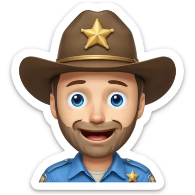 Rick Grimes from The Walking Dead as a laughing crying emoji, expressive face, sheriff hat, stubble, cartoonish features, big blue tears streaming down his face sticker