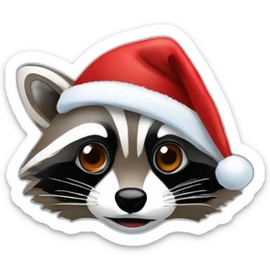 Raccoon face behind a laptop with christmas hat sticker