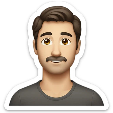 A young Caucasian man with dark brown eyes, almond-shaped eyes, short dark brown hair, and a small dark brown beard with a more prominent mustache. sticker