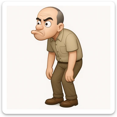 Create an emoji style image of Carl from Sling Blade with a dumb, exaggerated blank or goofy expression. Keep his chin sticking out, slouching posture, no glasses, wearing a shirt with a collar. Show him in a three-quarter face angle, entire body visible, standing, with his head sticking forward. The style should mimic classic emoji style. sticker