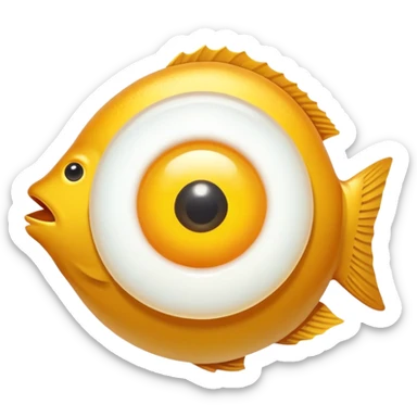 Golden liver, egg yolk, and fish floating around an eye sticker